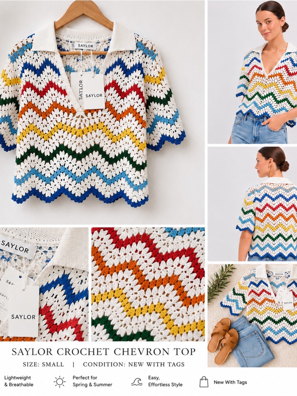 SAYLOR Crochet Open-Weave Top in Cream with Green, Yellow & Orange Accents